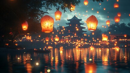 Lantern festival celebration riverbank night scene tranquil atmosphere