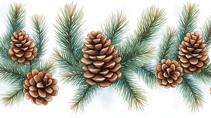 Fototapeta premium Hand drawn illustration of pine branches with pine cones. Coniferous plants create beautiful pattern ideal for Christmas design. Image pine trees, firs, cedar, spruce creating festive winter