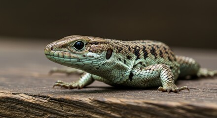 Fototapeta premium Close-up of a lizard resting on wooden surface in natural habitat