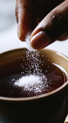 A close-up captures a hand adding sugar to a cup of steaming tea, with the sugar dissolving instantly in the hot liquid, creating a moment of warmth and comfort in a cozy setting.

