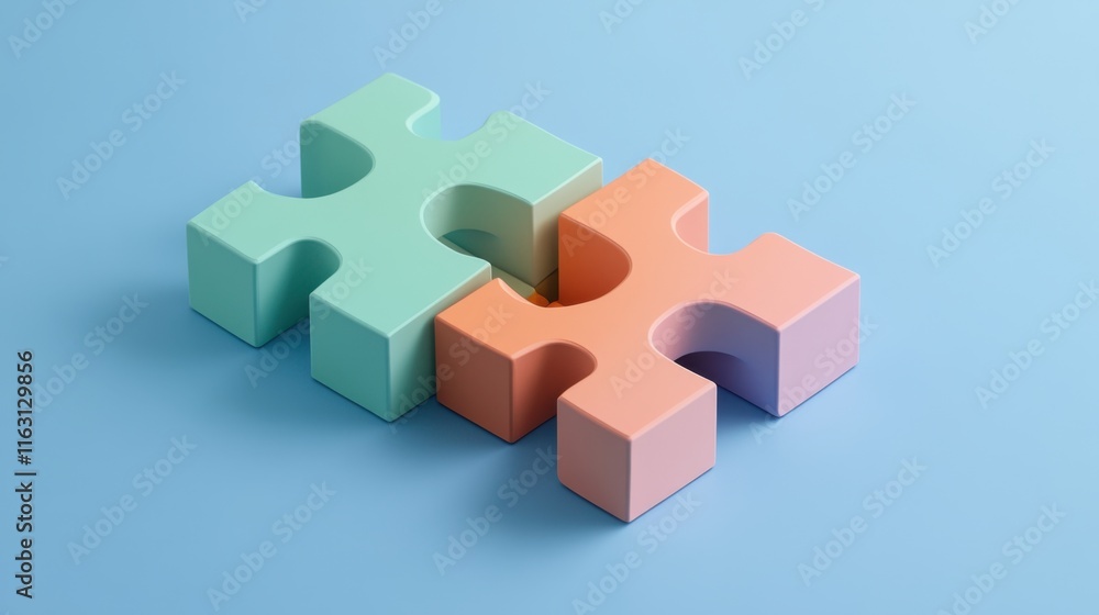 Poster pastel puzzle pieces interlocking on blue background: a visual representation of connection and coll