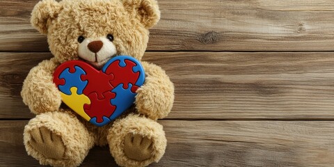 Obraz premium Teddy Bear Holding a Puzzle Heart: Autism Awareness and Support