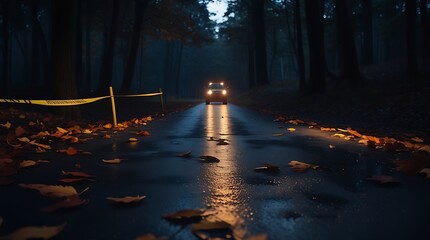 A cinematic and moody autumn night scene with fallen leaves scattered on a wet road, illuminated by headlights of a car in the distance, creating a suspenseful and atmospheric setting in the forest