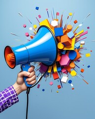 A conceptual and vibrant digital artwork showcasing a dynamic explosion of colorful geometric shapes bursting from a megaphone, symbolizing creativity, communication, innovation, and the power of impa