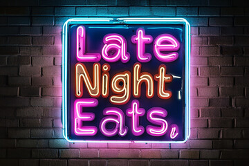 The image shows a vibrant neon sign that reads \"Late Night Eats\" against a dark, brick wall, illuminated with a mix of purple and blue lighting