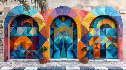 Colorful mural featuring geometric patterns on three arched wooden doors.