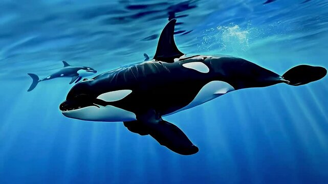 a killer whale swimming in the ocean, showcasing the grace and power of this majestic sea creature in its natural marine habitat
