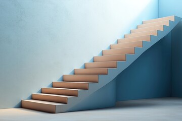 Modern stairway design represents career growth success. Light beige steps lead upward against light blue wall. Minimalist style. Abstract concept of progress, ambition. Interior scene. Empty stairs.
