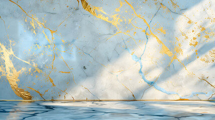 Fototapeta premium Digital Rendering: Light Blue Marble Wall and Floor with Gold Veining and Shadows