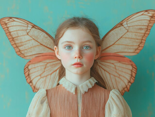 Fototapeta premium Young girl with butterfly wings looks dreamy, innocent. Blond hair with freckles. Beige dress. Pastel colours. Enchanted fairytale portrait. Cute expression. Fantasy illustration with nature