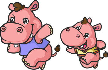 cartoon hippo and baby hippo doing running activity together