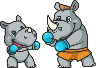 cartoon rhino and baby rhino doing boxing activity together