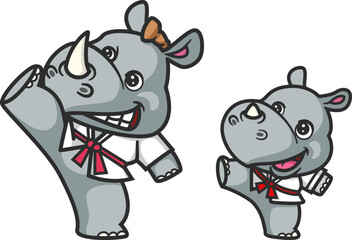 cartoon rhino and baby rhino doing karate activity together