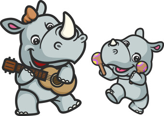 cartoon rhino and baby rhino singing and playing guitar