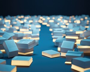 Obraz premium A mesmerizing scene of illuminated books scattered across a dark surface, creating a tranquil pathway of light and knowledge.