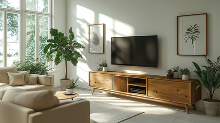 Fototapeta premium Modern Scandinavian living room interior. Empty room features beige sofa, wooden TV cabinet, potted plants, white walls. Natural light streams into space from large windows. Peaceful, stylish design.