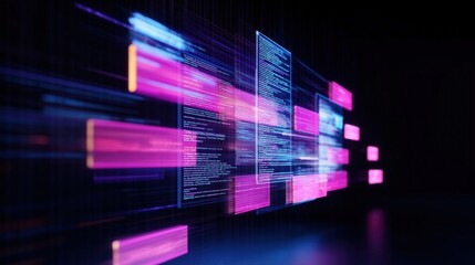 Dynamic display shows code modules assembling webpage. Digital elements fly around screen interface. Modern web design concept presentation. Creative process visualized. Tech studio. Website creation