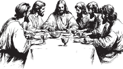 Illustration of the Last Supper in a modern or creative interpretation, depicting Jesus and his disciples at the table. Perfect for religious and spiritual artwork, digital projects, and Christian-the