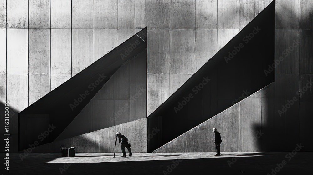 Poster abstract architectural scene with figures in shadows.