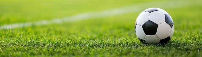 Obraz premium A close-up of a soccer ball resting on lush green grass, highlighting a vibrant field setup for a game.