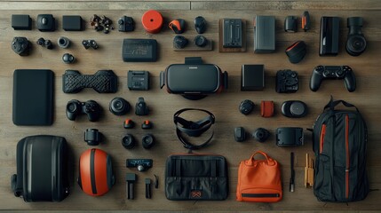 Tech gadgets and accessories arranged neatly.