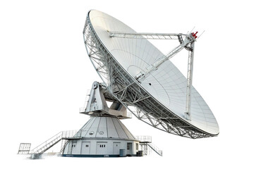 Large satellite dish receiving signals from space, situated in a communications facility isolated on transparent background
