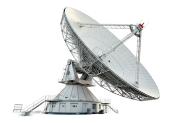 Large satellite dish receiving signals from space, situated in a communications facility isolated on transparent background
