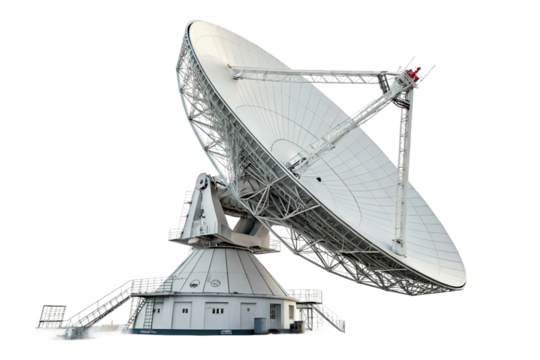 Large satellite dish receiving signals from space, situated in a communications facility isolated on transparent background