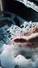 Fototapeta premium A close-up shows a hand washing dishes in the sink, surrounded by soap bubbles, capturing the everyday routine of cleaning and the refreshing feel of soapy water. 