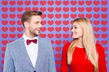 14-february concept. Lovely cheerful stylish attractive romantic couple look to each other make big white beaming smile isolated on shine purple violet background