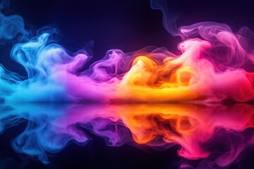 Obraz premium Vibrant colorful smoke patterns create dynamic abstract design. Colorful smoke forms unique shapes, swirls. Smooth smoke waves flow like liquid colors. Reflection of smoke colors creates mirrored