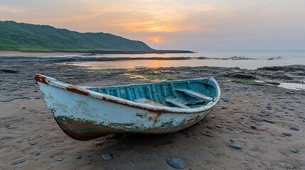 Old weathered boat on beach at sunset.