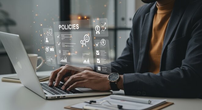 Businessman analyzing digital policies interface on laptop in modern office