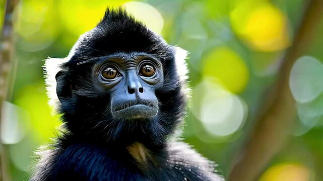 black monkey looking up with a serious expression, capturing the intensity and focus of this wild primate
