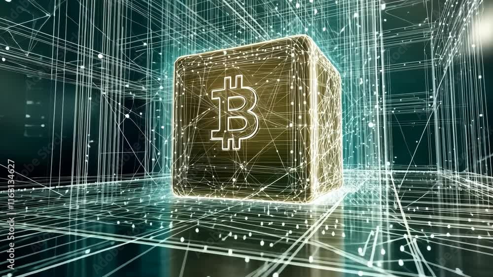 Poster digital representation of cryptocurrency exploring blockchain technology and finance innovations