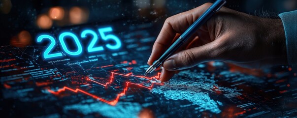 Hand draws 2025 growth analysis chart. Digital display shows global economic forecast for 2025. Trend analysis for future business development. Strategic planning for corporate success. Global market