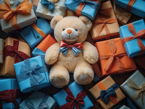 Colorful gift boxes surround plush teddy bear. Celebration of safe toys month. Wrapped presents display joy, happiness. Warmth, comfort of special moment. Gifts represent creativity, fun. Festive