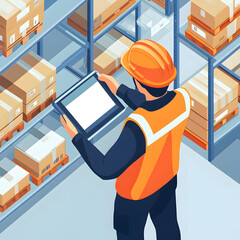 Efficient warehouse operations with worker using tablet to manage inventory. scene showcases organized shelves filled with boxes, emphasizing productivity and technology