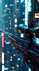 Obraz premium A close-up captures a high-tech sniper rifle with a glowing scope, aimed toward a distant target in a futuristic city, highlighting advanced weaponry and a dramatic urban landscape