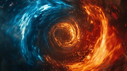 A swirling vortex of blue and orange elements representing contrasting forces.