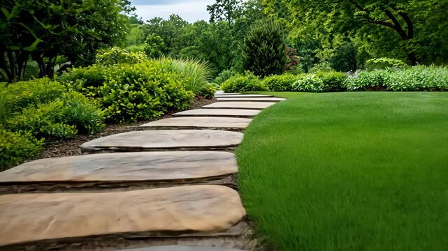Lush garden path of stone slabs embraced by vibrant greenery and flowers in serene landscape