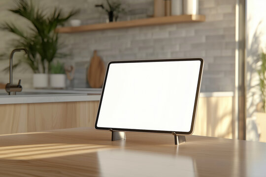 A tablet on a stand in a smart home with white blank template screen placed on the tabletop in a modern minimalist kitchen