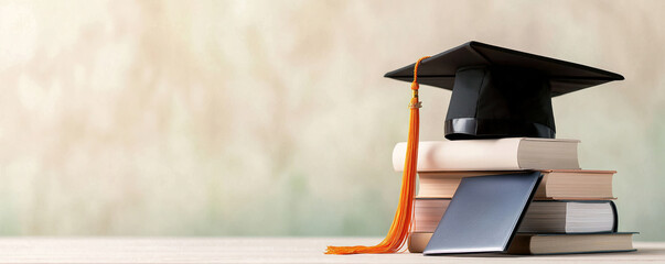 Graduation cap rests atop books. Student achievement, future success symbolized. Financial aid programs, debt relief options important for students. Education key investment. Students need support to