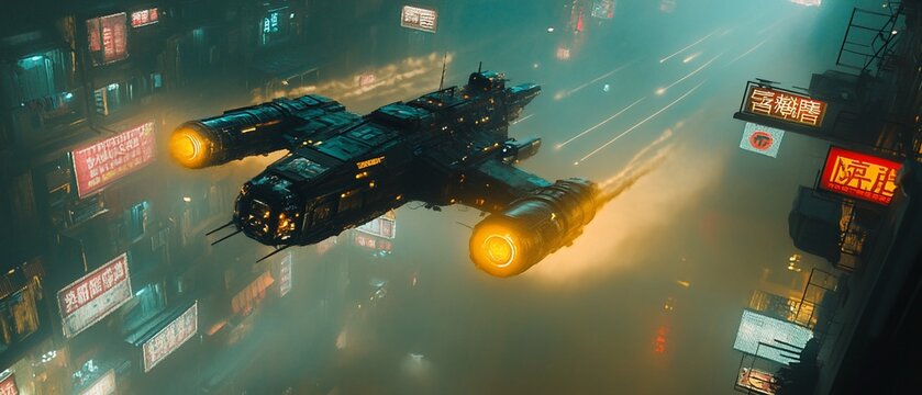 Futuristic vehicle flies in city with bright neon lights.