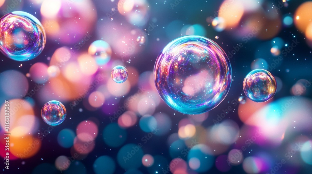 Poster iridescent bubbles float in a colorful bokeh background