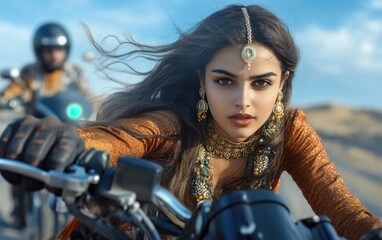 Indian woman biker: beautiful girl, stylish rider, motorcycle adventure, elegant jacket, confident posture, powerful machine, free spirit, road journey, vibrant energy, fearless attitude.