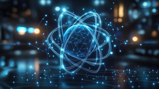 Futuristic abstract design of atom with glowing blue lines, points. Advanced tech concept for nuclear energy, AI. Modern graphic design with 3D elements, automation. Innovation, future tech concept.