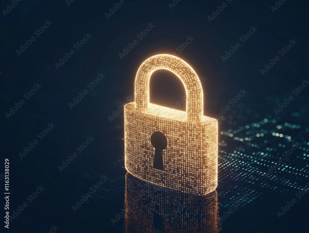 Poster digital padlock glows with binary code on dark background. secure tech symbol for data protection, c