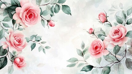 Elegant Watercolor Floral Background with Pink Roses and Green Leaves on a Soft Pastel Backdrop for Artistic and Decorative Use