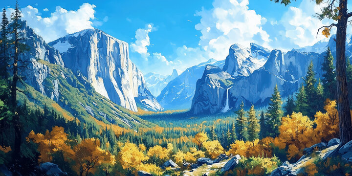 Painting of yosemite national park landscape